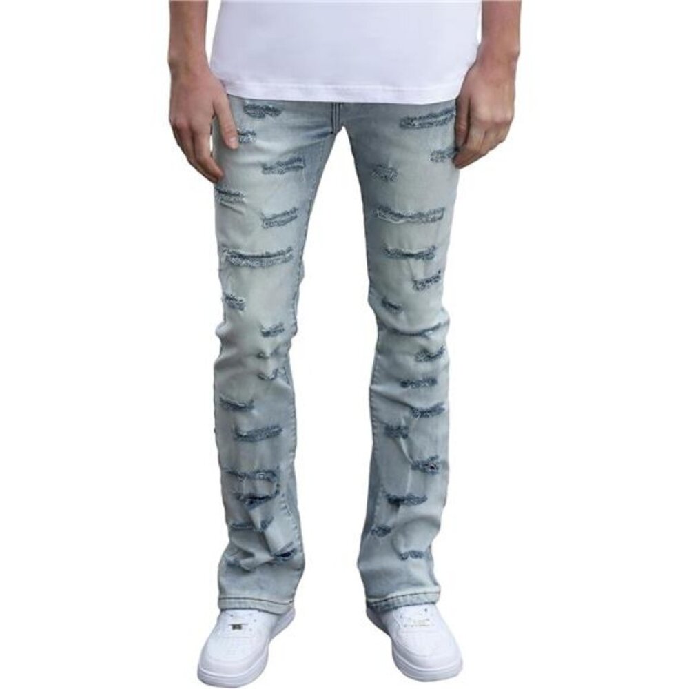 New w Tags Men's Ripped Bootcut Jeans Slim Fit Bell Bottom Ripped Flared Denim